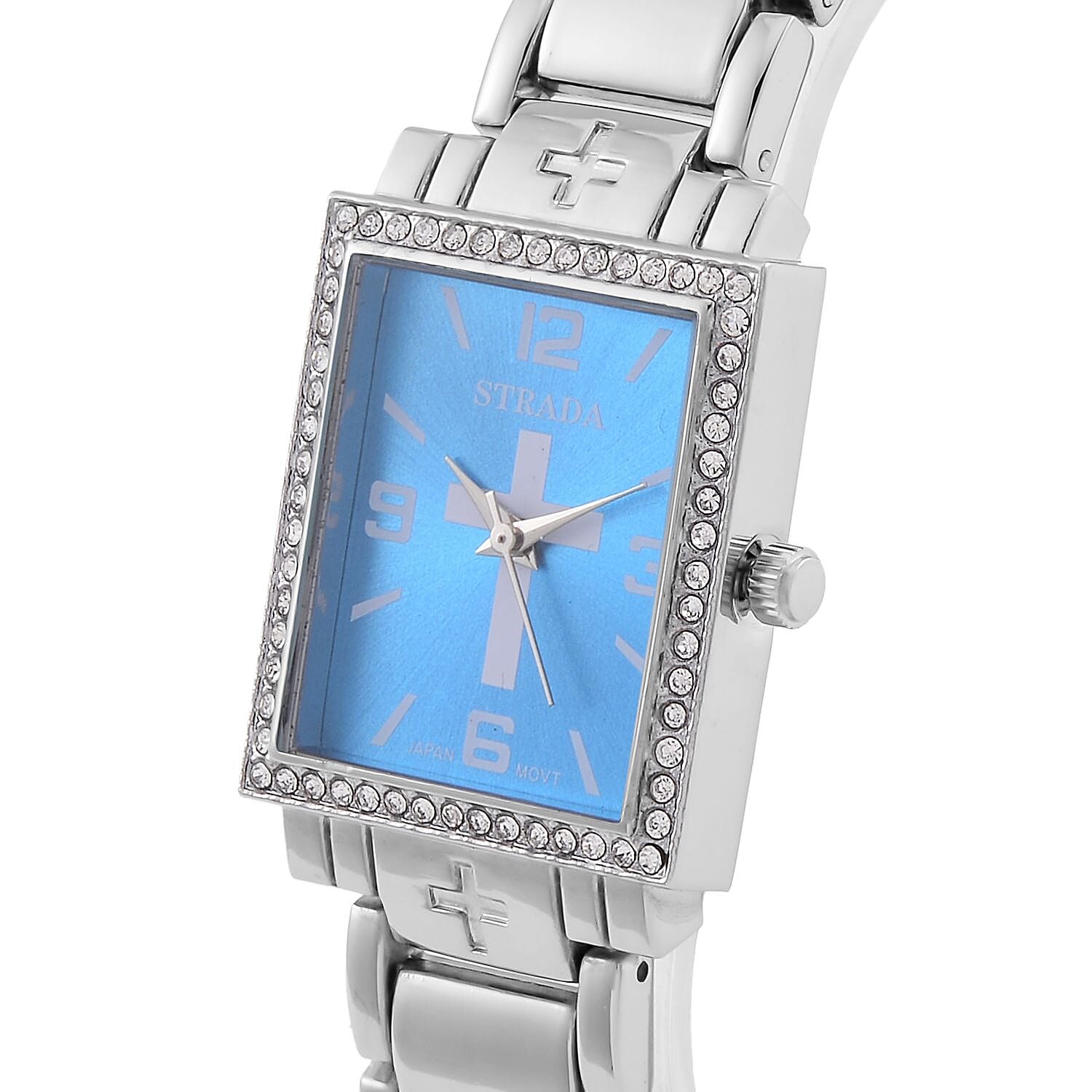 Strada White Austrian Crystal Japanese Movement Cross Pattern & Blue Dial Watch with Silvertone Strap (26.16-30.48 mm) (6.75-8.25 Inches)