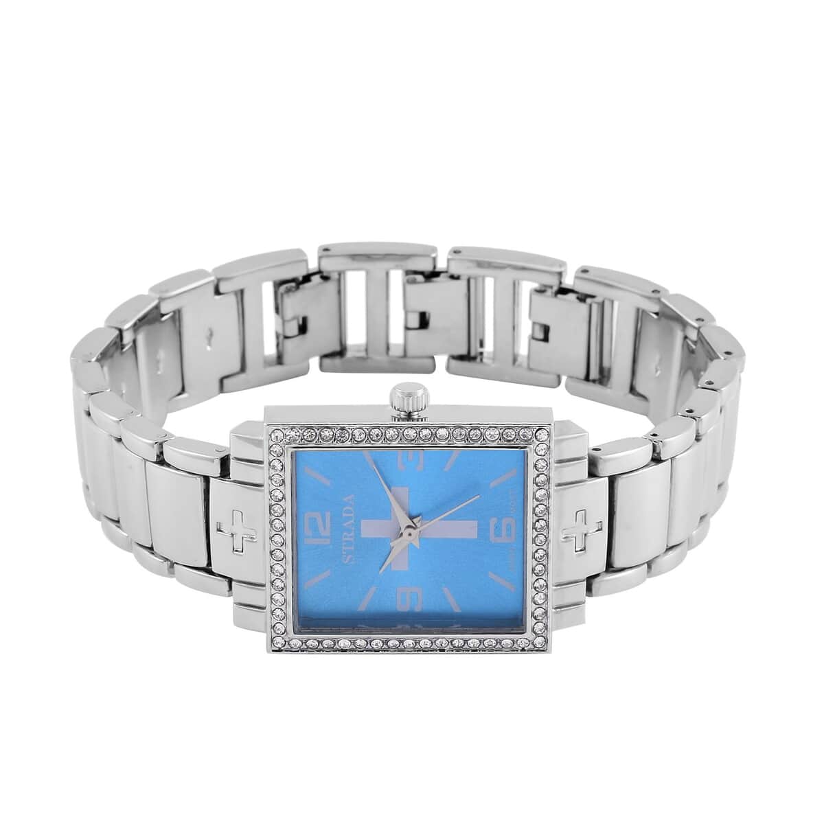 Strada White Austrian Crystal Japanese Movement Cross Pattern & Blue Dial Watch with Silvertone Strap (26.16-30.48 mm) (6.75-8.25 Inches) image number 4
