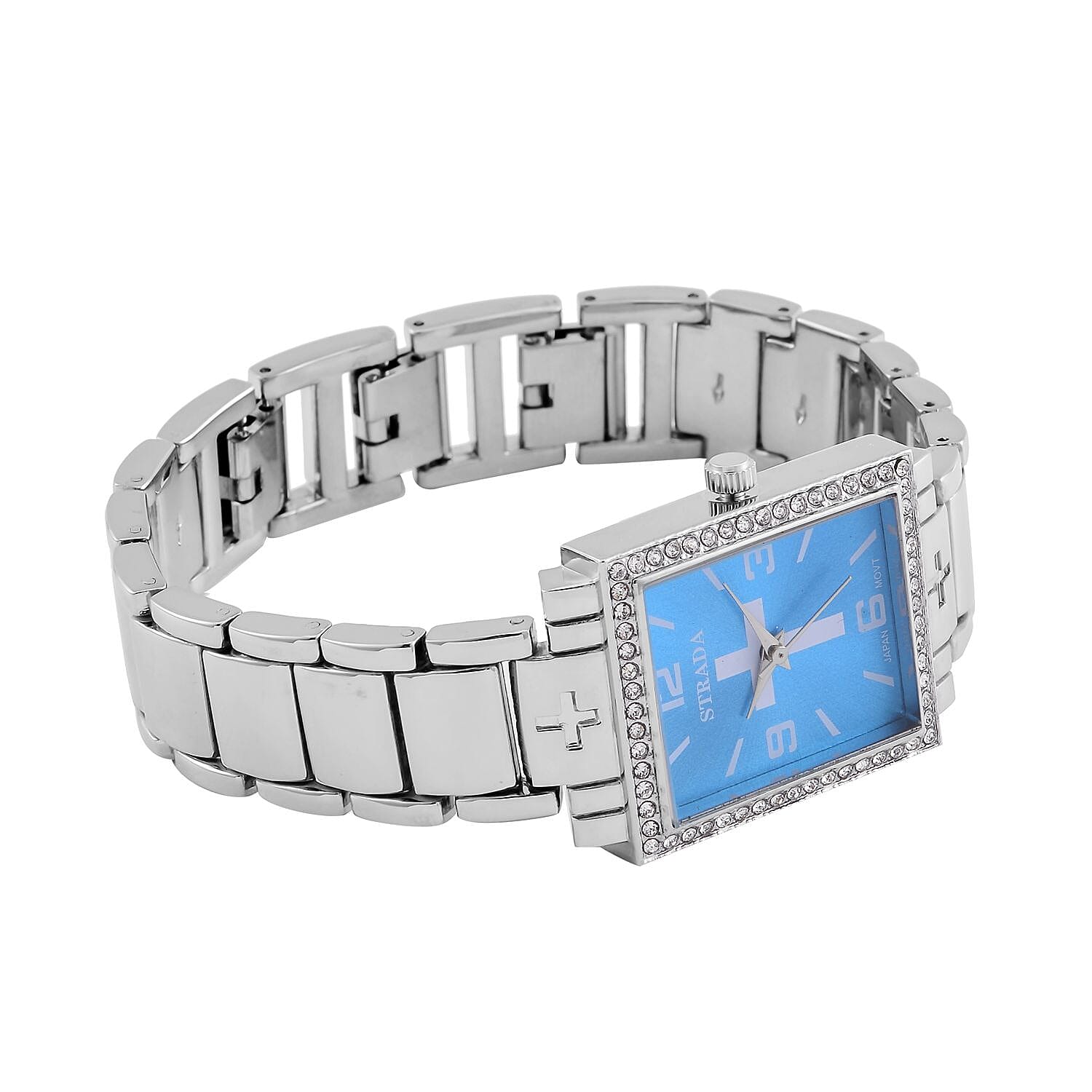 Strada White Austrian Crystal Japanese Movement Cross Pattern & Blue Dial Watch with Silvertone Strap (26.16-30.48 mm) (6.75-8.25 Inches)
