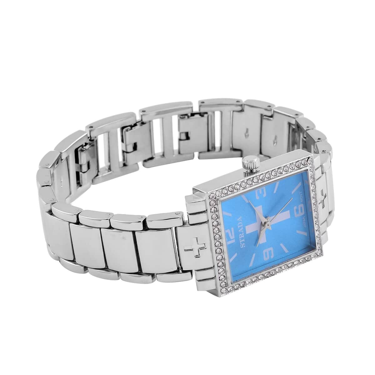 Strada White Austrian Crystal Japanese Movement Cross Pattern & Blue Dial Watch with Silvertone Strap (26.16-30.48 mm) (6.75-8.25 Inches) image number 5