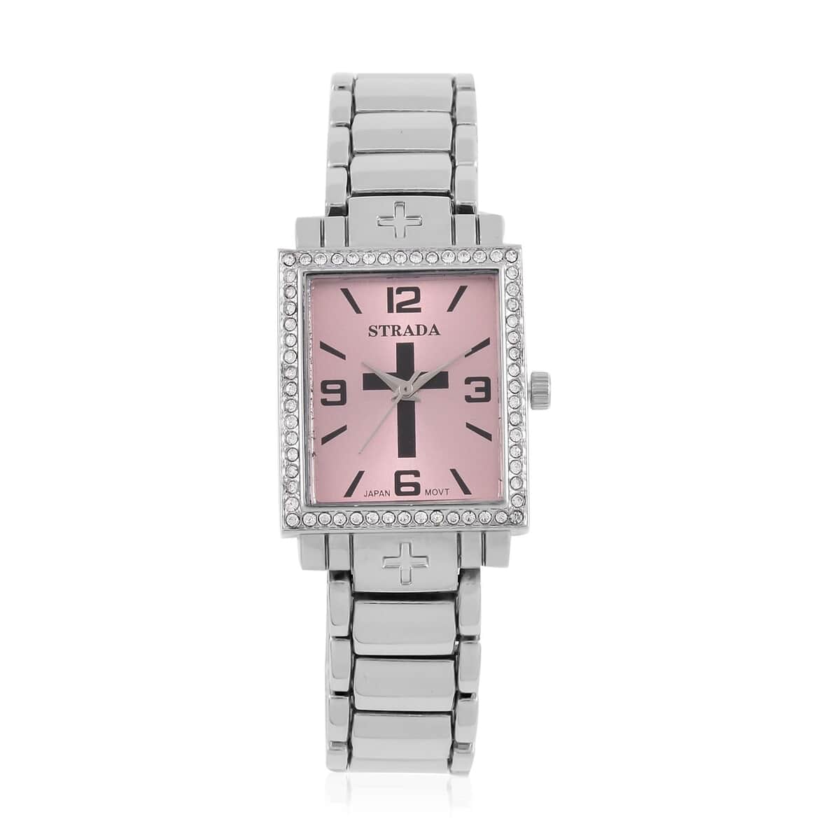 Strada White Austrian Crystal Japanese Movement Cross Pattern & Pink Dial Watch with Silvertone Strap (26.16-30.48 mm) (6.75-8.25 Inches) image number 0