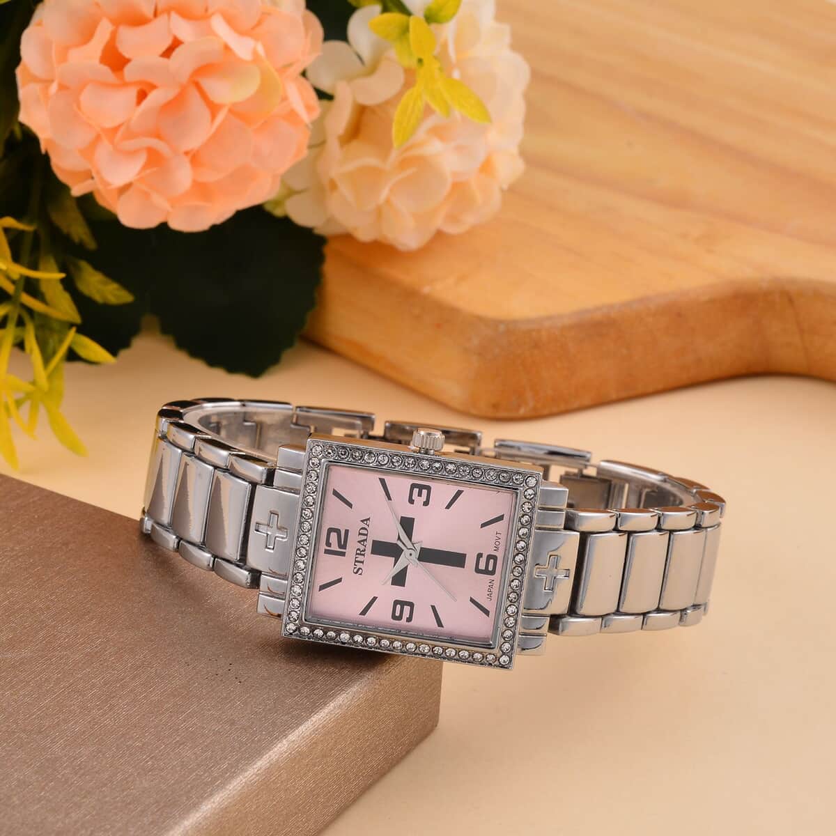 Strada White Austrian Crystal Japanese Movement Cross Pattern & Pink Dial Watch with Silvertone Strap (26.16-30.48 mm) (6.75-8.25 Inches) image number 1