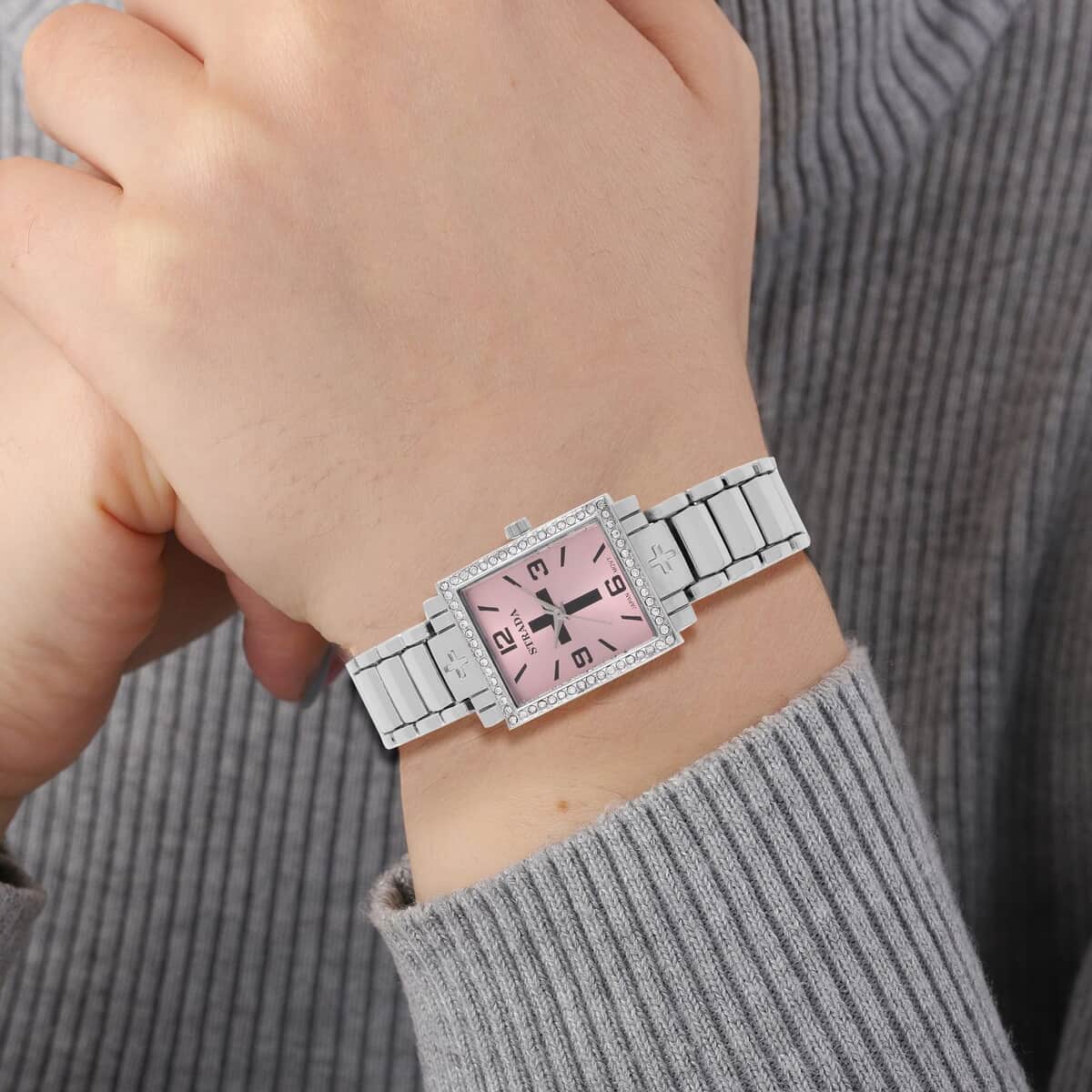 Strada White Austrian Crystal Japanese Movement Cross Pattern & Pink Dial Watch with Silvertone Strap (26.16-30.48 mm) (6.75-8.25 Inches) image number 2