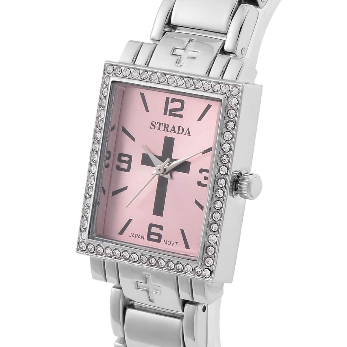 Strada White Austrian Crystal Japanese Movement Cross Pattern & Pink Dial Watch with Silvertone Strap (26.16-30.48 mm) (6.75-8.25 Inches) image number 3