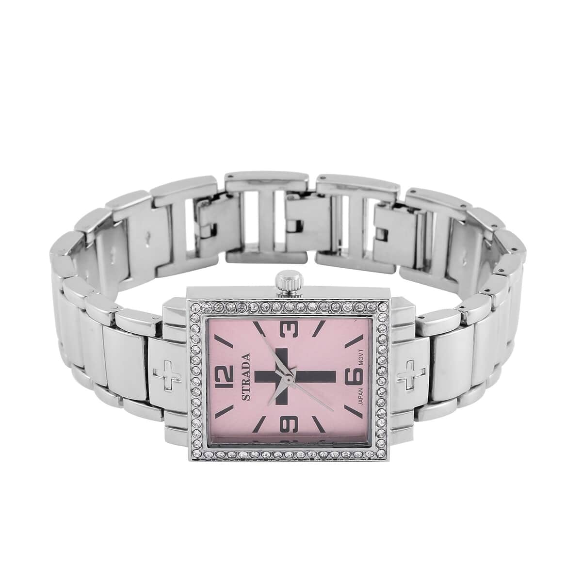 Strada White Austrian Crystal Japanese Movement Cross Pattern & Pink Dial Watch with Silvertone Strap (26.16-30.48 mm) (6.75-8.25 Inches) image number 4