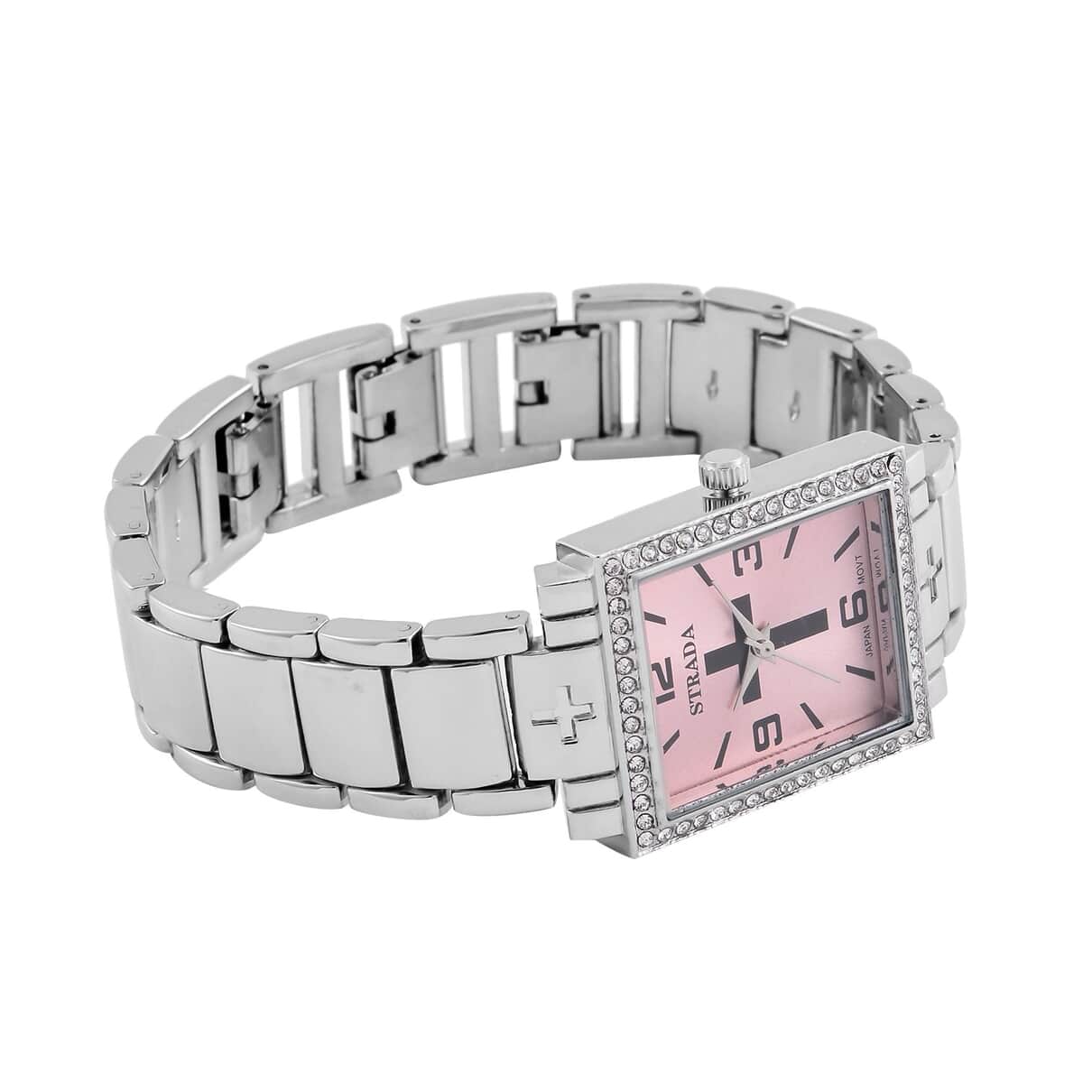 Strada White Austrian Crystal Japanese Movement Cross Pattern & Pink Dial Watch with Silvertone Strap (26.16-30.48 mm) (6.75-8.25 Inches) image number 5