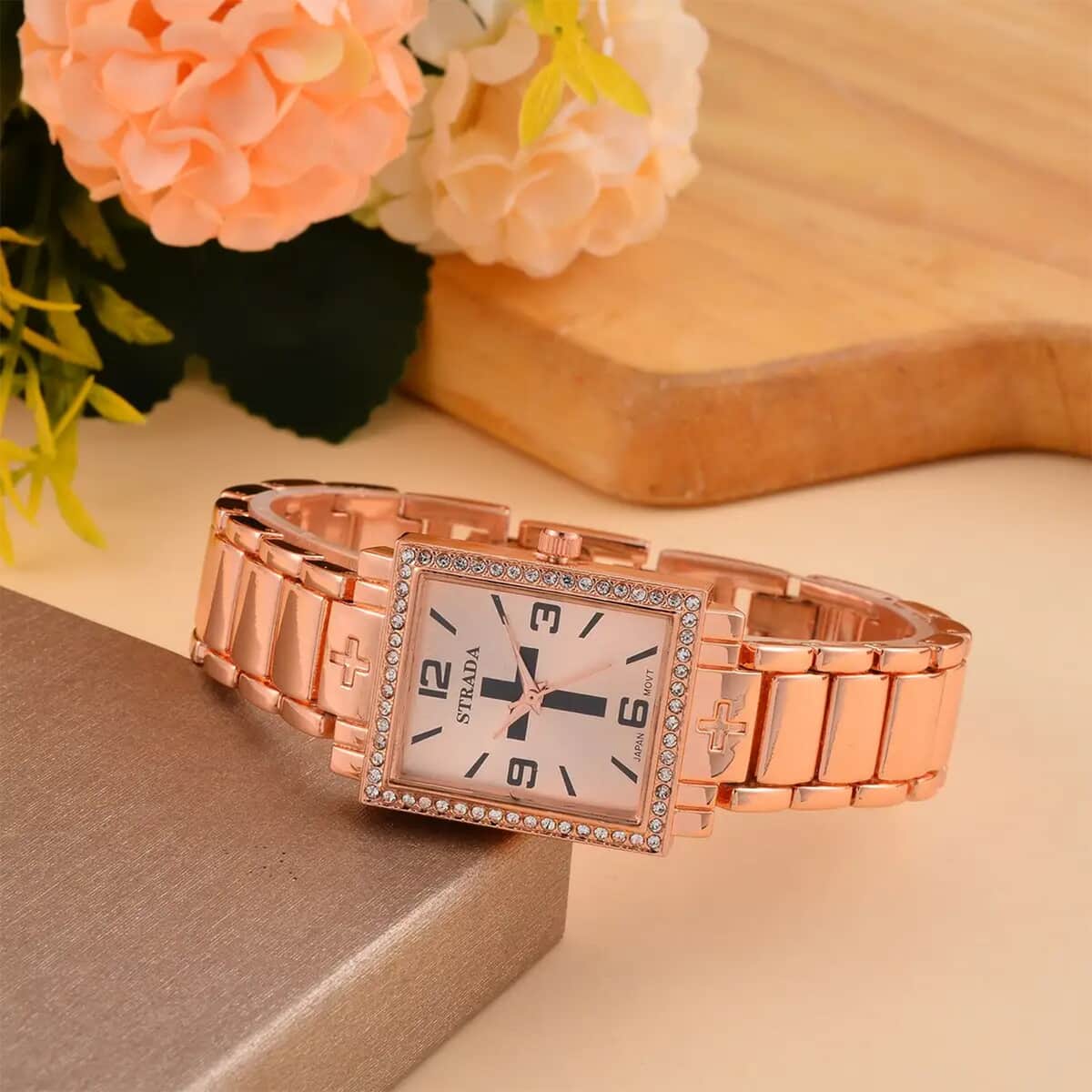 Strada White Austrian Crystal Japanese Movement Cross Pattern & Rosegold Dial Watch with Rosetone Strap (26.16-30.48 mm) (6.75-8.25 Inches) image number 1