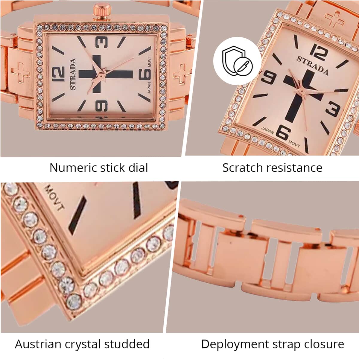 Strada White Austrian Crystal Japanese Movement Cross Pattern & Rosegold Dial Watch with Rosetone Strap (26.16-30.48 mm) (6.75-8.25 Inches) image number 3