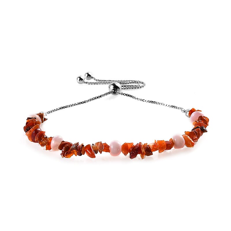 Jalisco Fire Opal and Peruvian Pink Opal Chips Bolo Bracelet in Platinum Over Sterling Silver 4.45 ctw