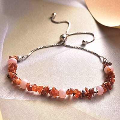 Jalisco Fire Opal and Peruvian Pink Opal Chips Bolo Bracelet in Platinum Over Sterling Silver 4.45 ctw