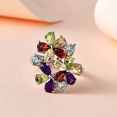 Multi Gemstone Floral Ring in Platinum Over Bronze (Size 10.0) 3.30 ctw
