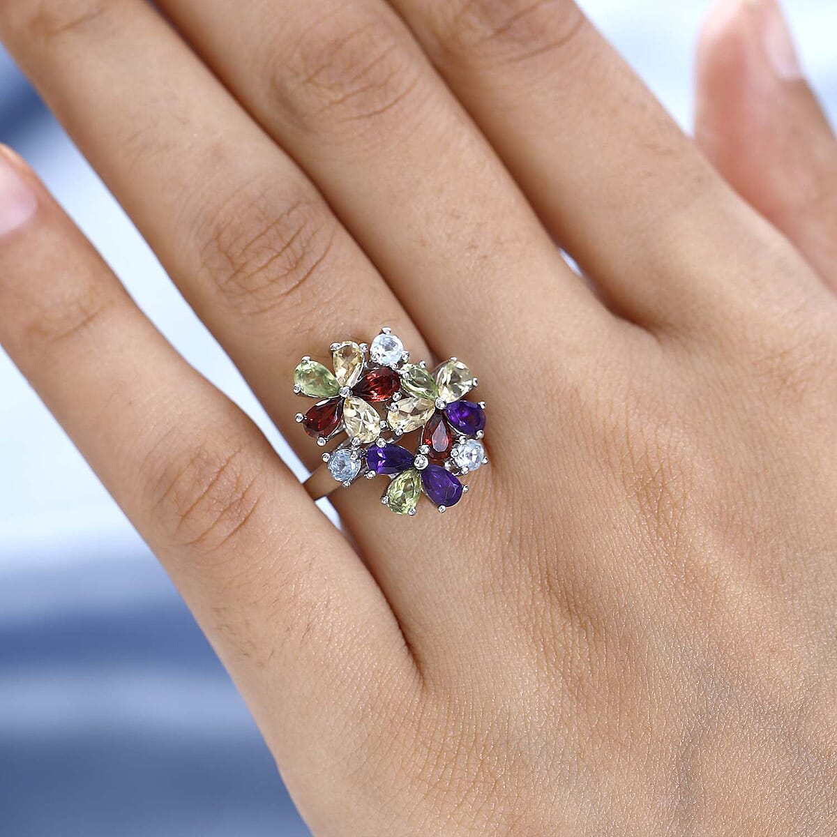 Multi Gemstone Floral Ring in Platinum Over Bronze (Size 7.0) 3.30 ctw image number 2