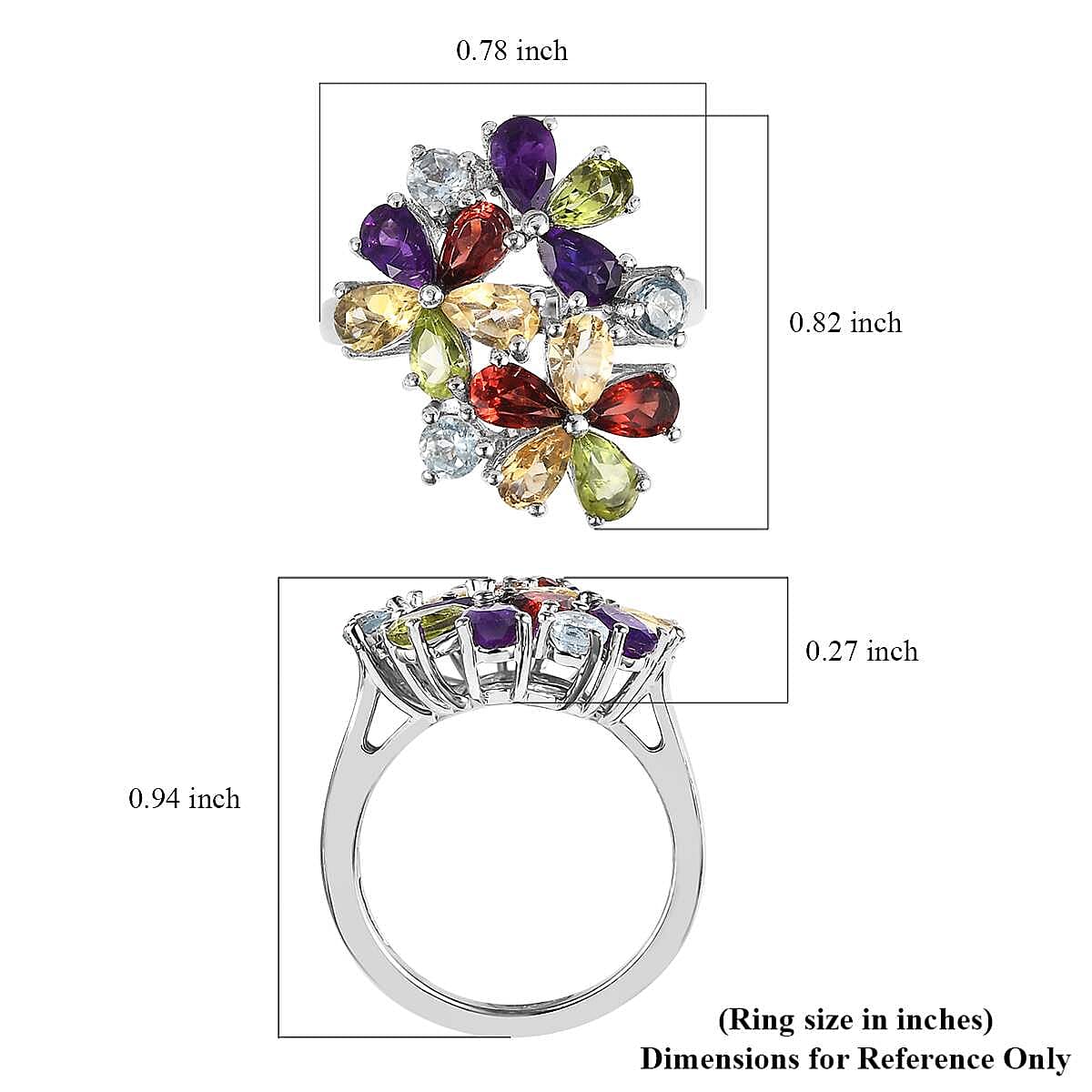 Multi Gemstone Floral Ring in Platinum Over Bronze (Size 7.0) 3.30 ctw image number 5