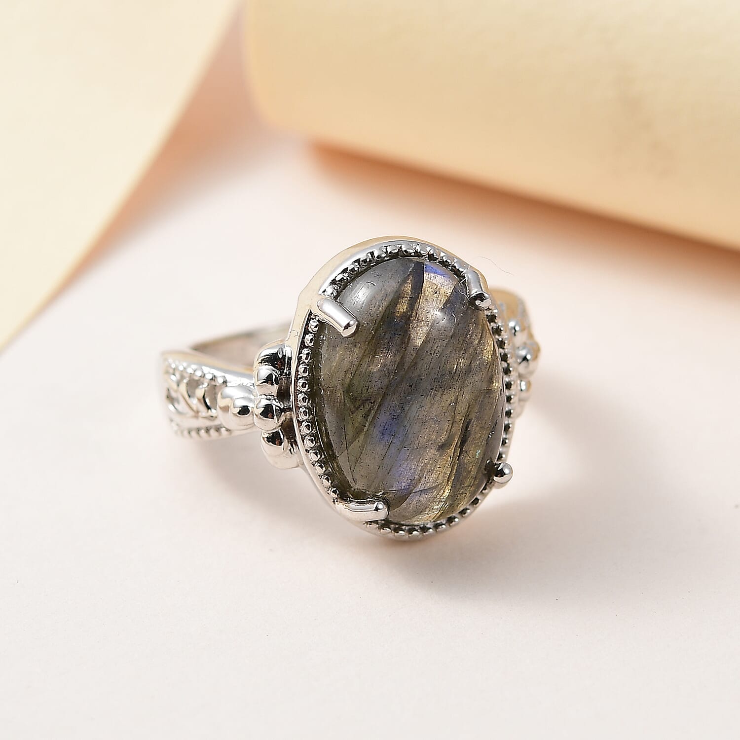 Karis Malagasy Labradorite Solitaire Ring in Platinum Bond (Size 10.0) 6.00 ctw