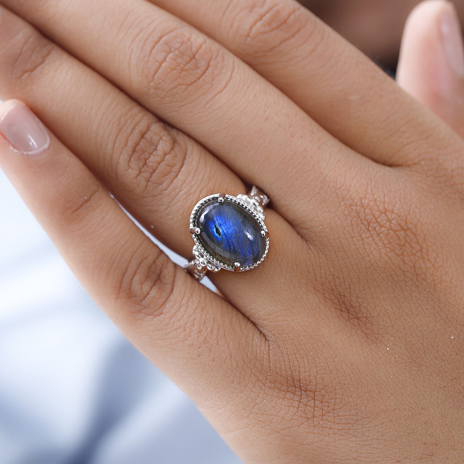 Karis Malagasy Labradorite Solitaire Ring in Platinum Bond (Size 10.0) 6.00 ctw