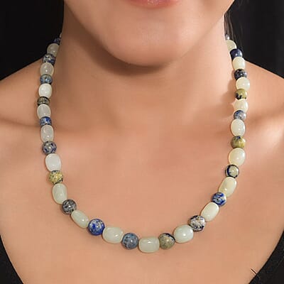 Prehnite and Sodalite 275.00 ctw Beaded Necklace 20 Inches in Sterling Silver