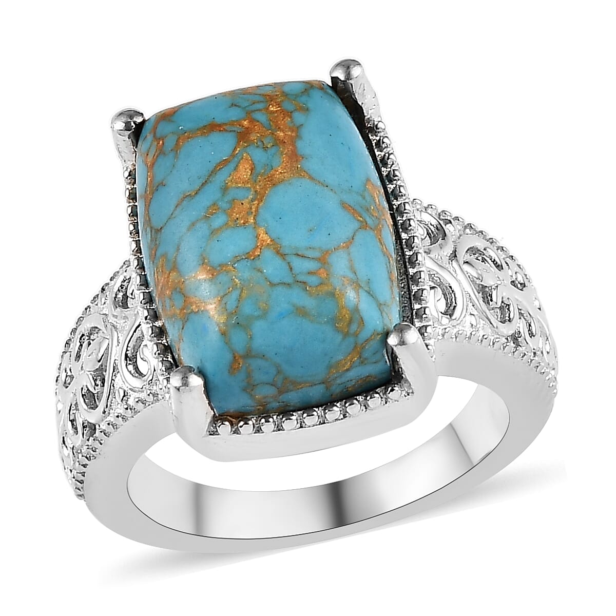 Mojave Blue Turquoise Solitaire Ring in Platinum Over Copper with Magnet (Size 10.0) 6.25 ctw