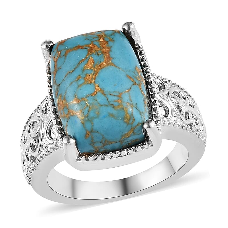 Mojave Blue Turquoise Solitaire Ring in Platinum Over Copper with Magnet (Size 10.0) 6.25 ctw