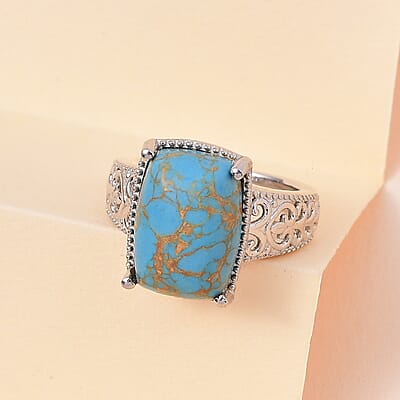 Mojave Blue Turquoise Solitaire Ring in Platinum Over Copper with Magnet (Size 10.0) 6.25 ctw