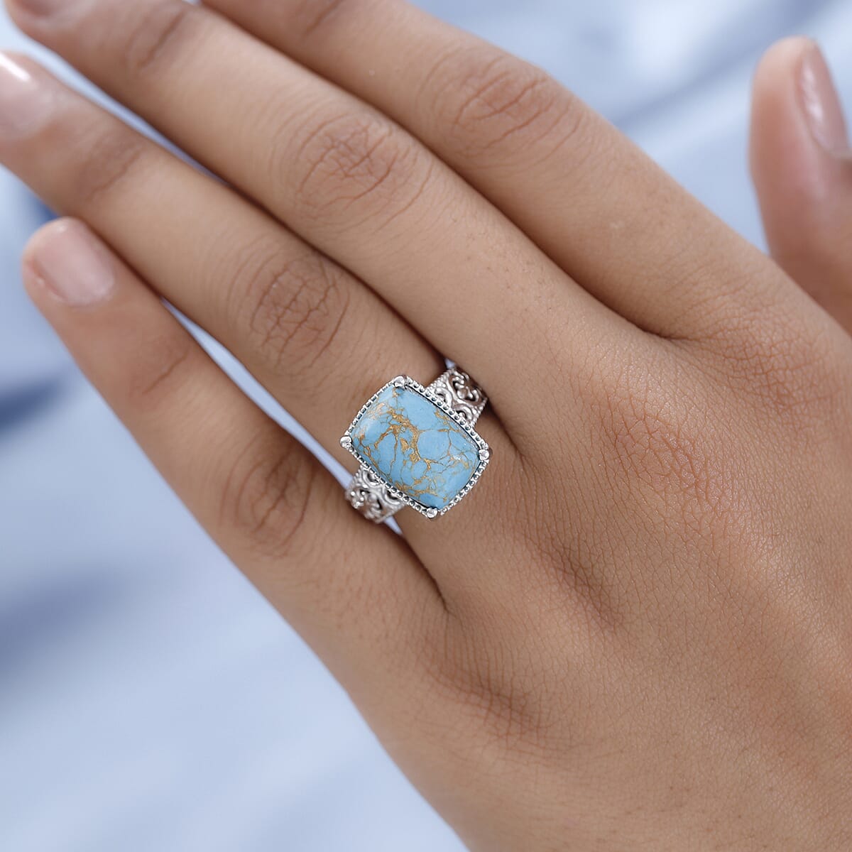 Mojave Blue Turquoise Solitaire Ring in Platinum Over Copper with Magnet (Size 9.0) 6.25 ctw image number 2