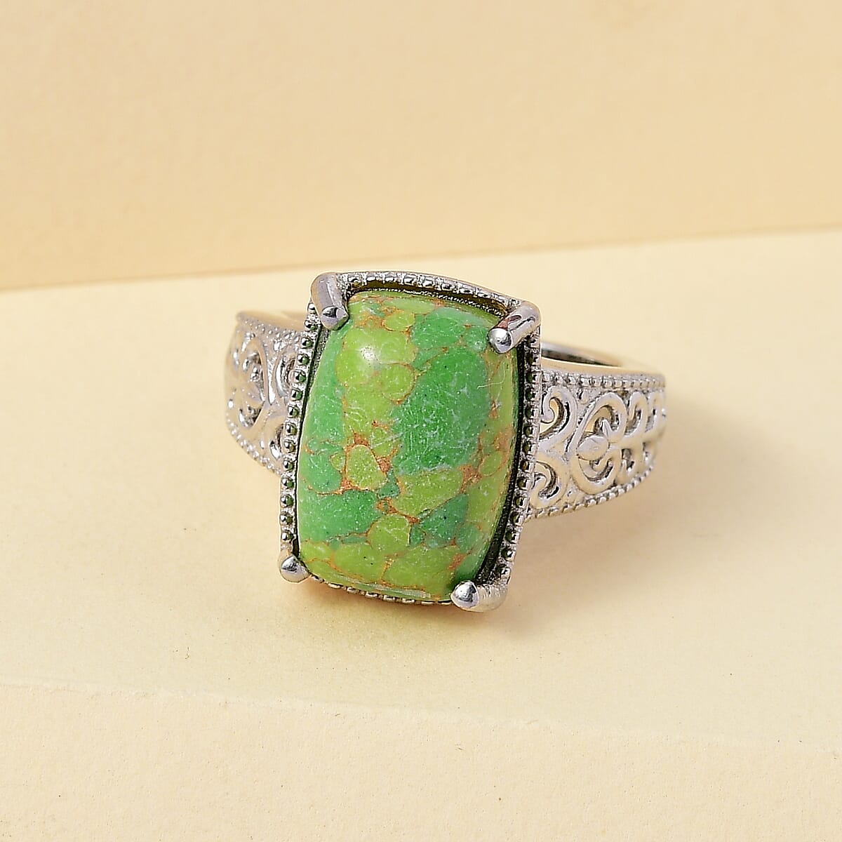Mojave Green Turquoise Solitaire Ring in Platinum Over Copper with Magnet (Size 7.0) 6.35 ctw image number 1