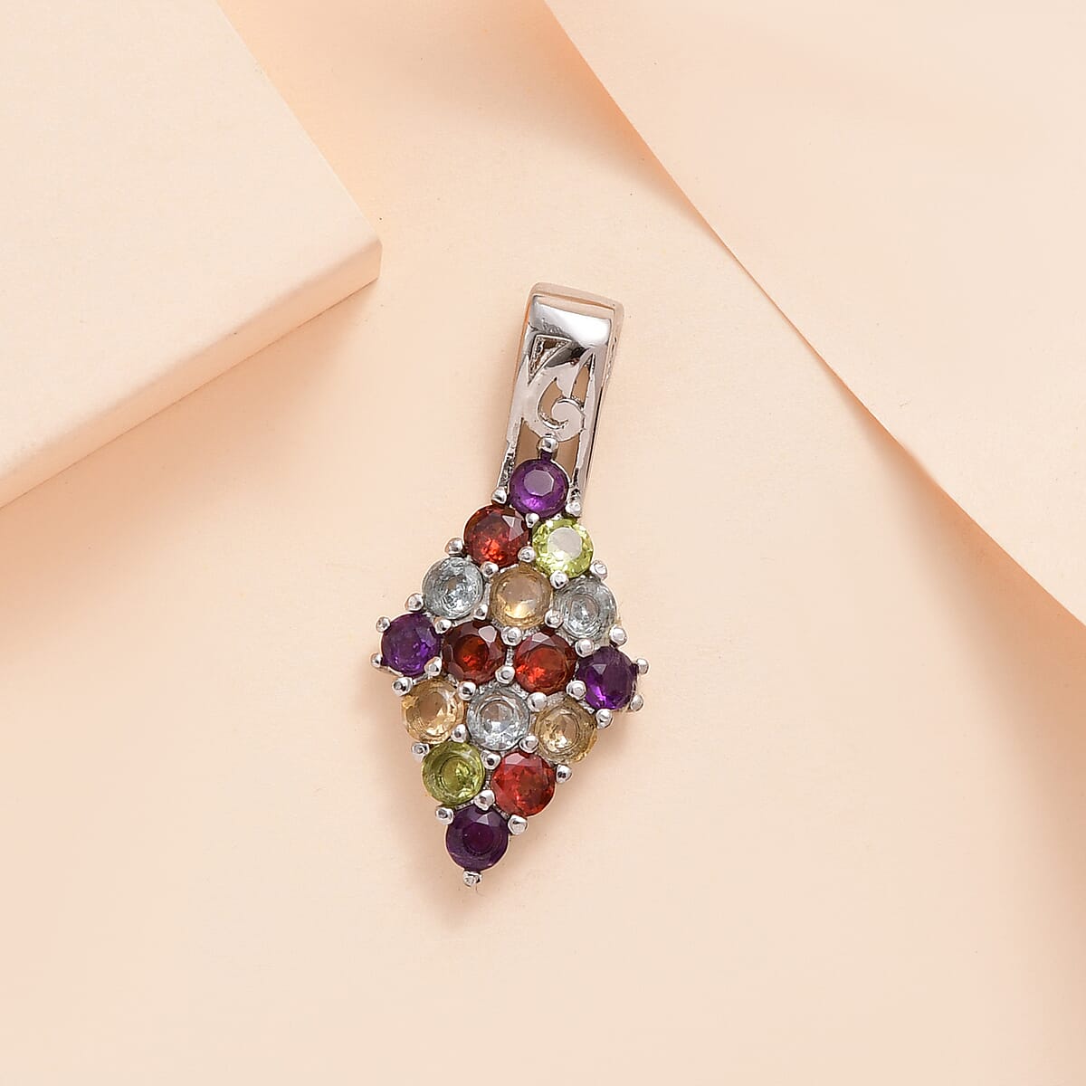 Multi Gemstone Pendant without Chain in Stainless Steel 1.85 ctw , Tarnish-Free, Waterproof, Sweat Proof Jewelry image number 1