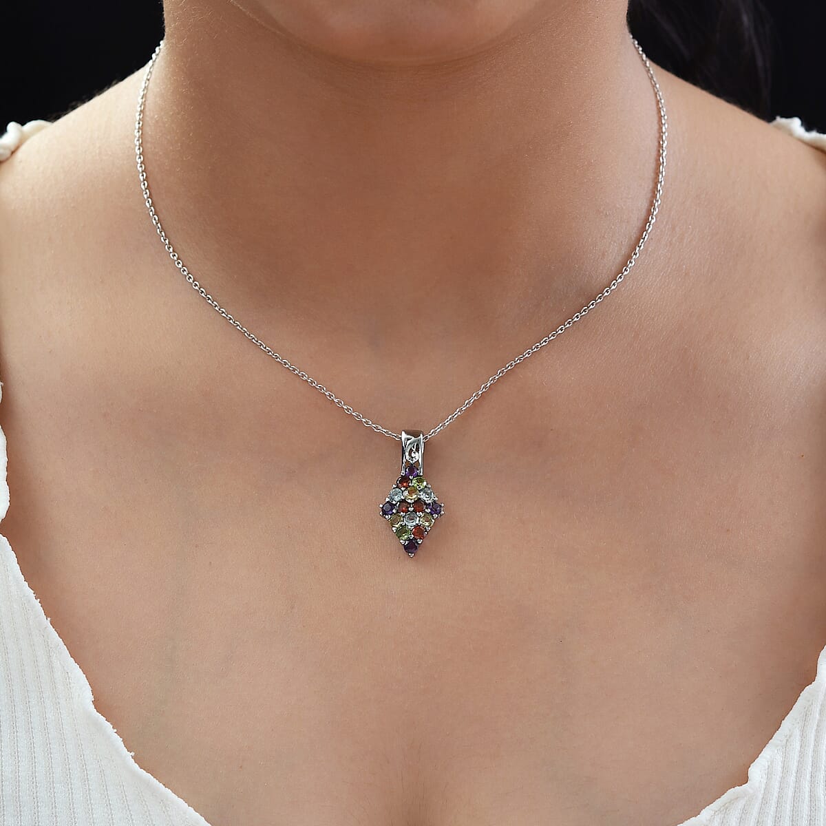 Multi Gemstone Pendant without Chain in Stainless Steel 1.85 ctw , Tarnish-Free, Waterproof, Sweat Proof Jewelry image number 2