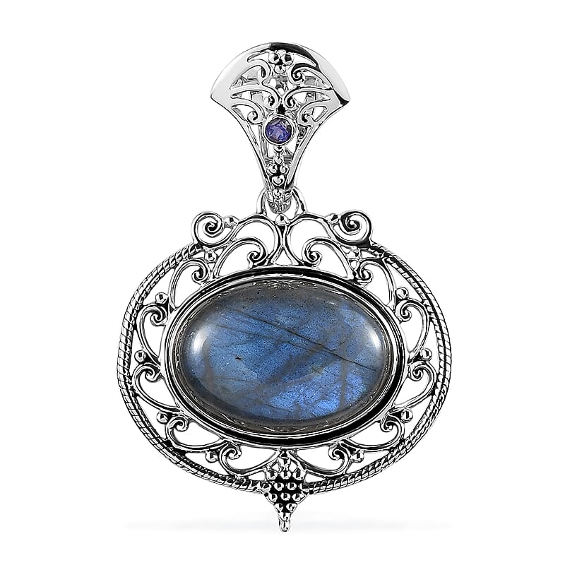 Sajen Silver AAA Malagasy Labradorite and Quartz Doublet Rainbow Caribbean Pendant in Platinum Over Sterling Silver 22.10 ctw