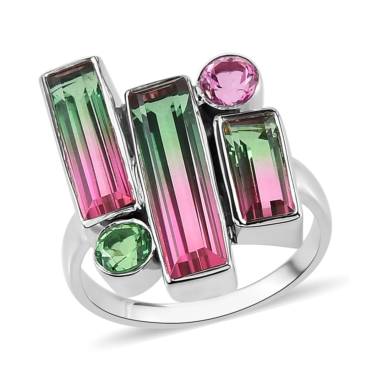 Sajen Silver AAA Quartz Doublet Celestial Bi-Color Watermelon and Multi Gemstone Ring in Platinum Over Sterling Silver (Size 10.0) 6.70 ctw