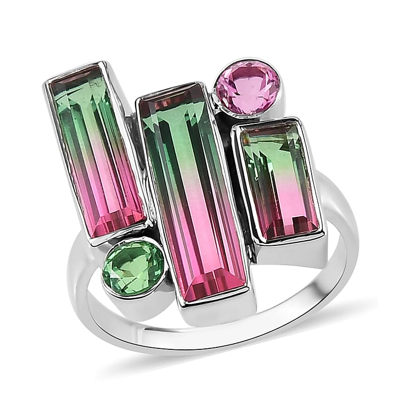 Sajen Silver AAA Quartz Doublet Celestial Bi-Color Watermelon and Multi Gemstone Ring in Platinum Over Sterling Silver (Size 10.0) 6.70 ctw