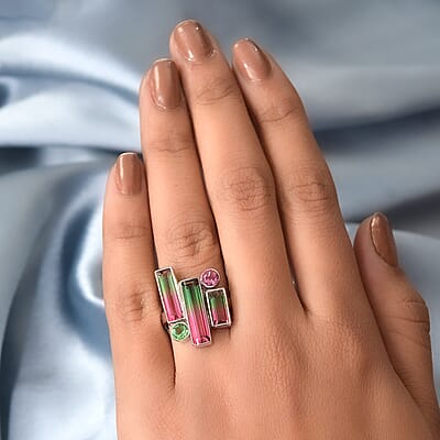 Sajen Silver AAA Quartz Doublet Celestial Bi-Color Watermelon and Multi Gemstone Ring in Platinum Over Sterling Silver (Size 10.0) 6.70 ctw