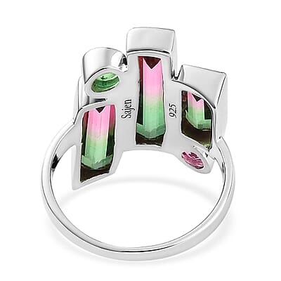 Sajen Silver AAA Quartz Doublet Celestial Bi-Color Watermelon and Multi Gemstone Ring in Platinum Over Sterling Silver (Size 10.0) 6.70 ctw