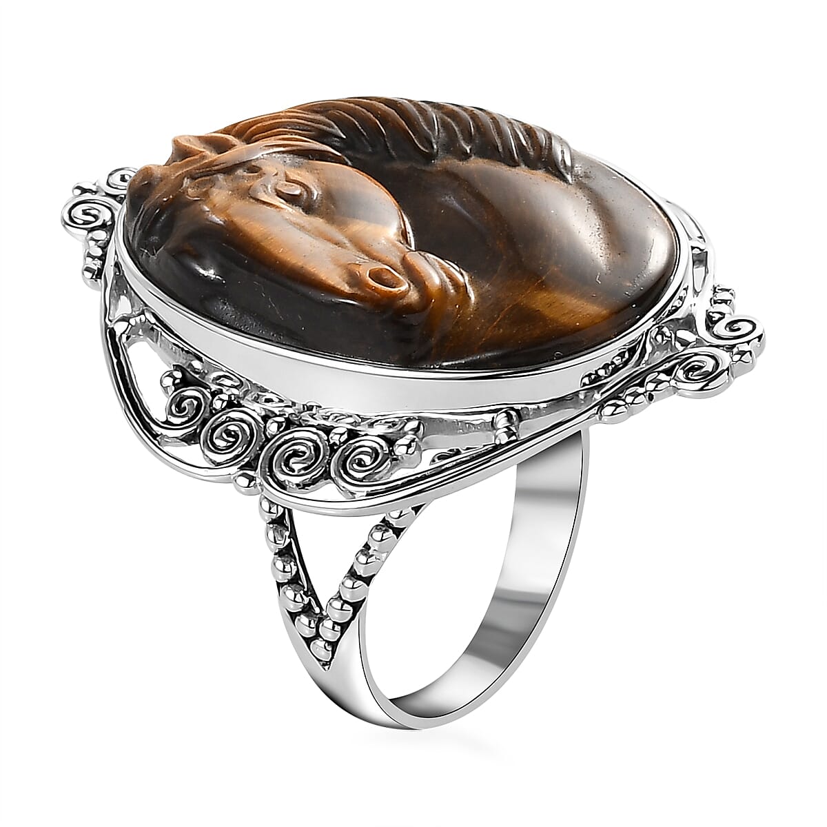 SAJEN SILVER South African Tigers Eye Ring in Platinum Over Sterling Silver 8.60 Grams 28.00 ctw image number 3
