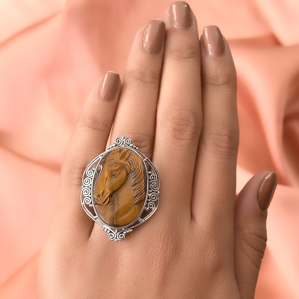 Sajen Silver Tiger's Eye Ring in Platinum Over Sterling Silver (Size 7.0) 8.60 Grams 28.00 ctw image number 2