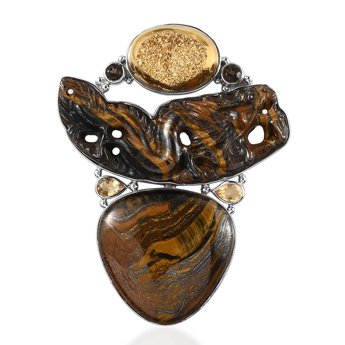 Sajen Silver Hematite Color Tigers Eye and Multi Gemstone Pendant in Platinum Over Sterling Silver 101.50 ctw image number 0