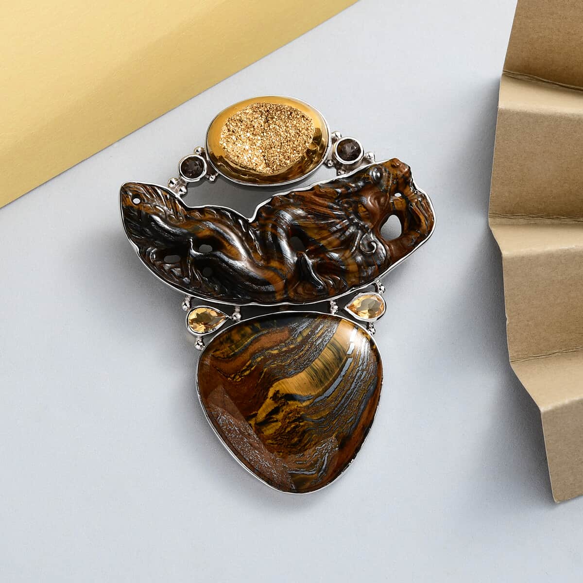 Sajen Silver Hematite Color Tigers Eye and Multi Gemstone Pendant in Platinum Over Sterling Silver 101.50 ctw image number 1