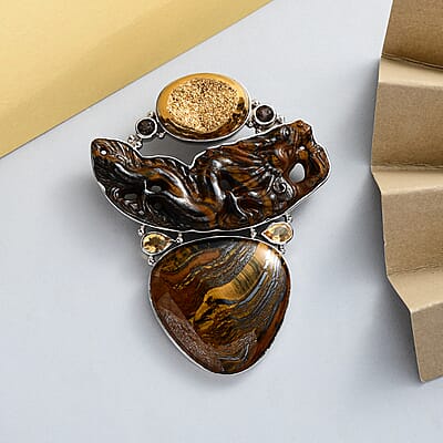 Sajen Silver Hematite Color Tigers Eye and Multi Gemstone Pendant in Platinum Over Sterling Silver 101.50 ctw