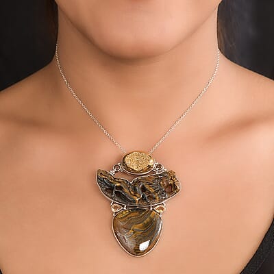 Sajen Silver Hematite Color Tigers Eye and Multi Gemstone Pendant in Platinum Over Sterling Silver 101.50 ctw