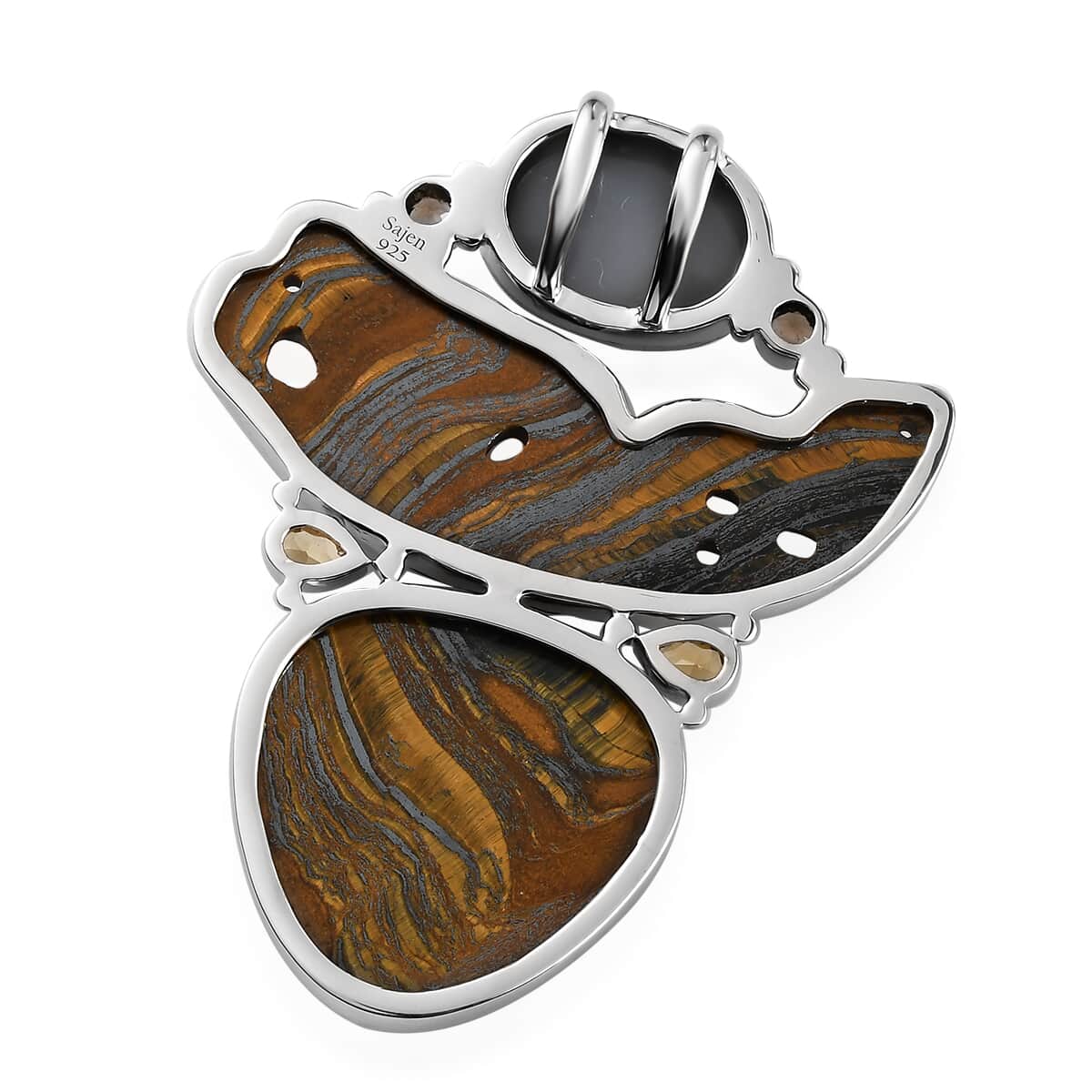 Sajen Silver Hematite Color Tigers Eye and Multi Gemstone Pendant in Platinum Over Sterling Silver 101.50 ctw image number 4