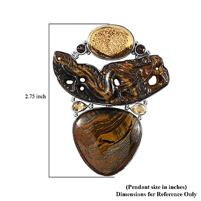 Sajen Silver Hematite Color Tigers Eye and Multi Gemstone Pendant in Platinum Over Sterling Silver 101.50 ctw