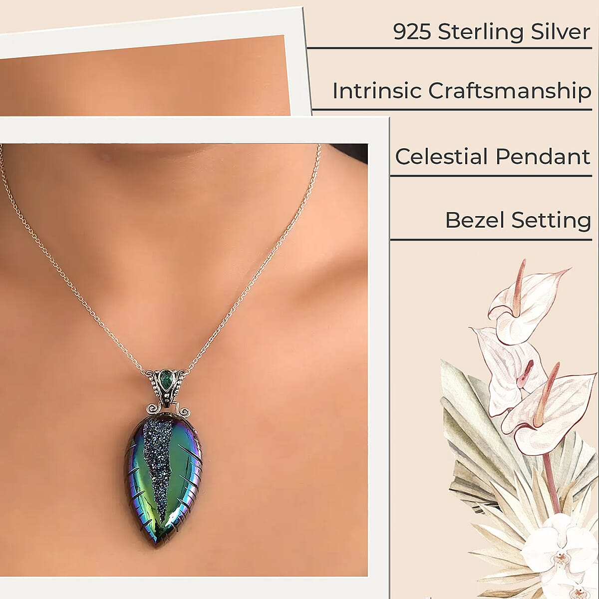 Sajen Silver Doublet Quartz Pendant, Sterling Silver Pendant, Celestial Pendant, Window Drusy Forest, Quartz Doublet Celestial Emerald Pendant 60.75 ctw image number 2