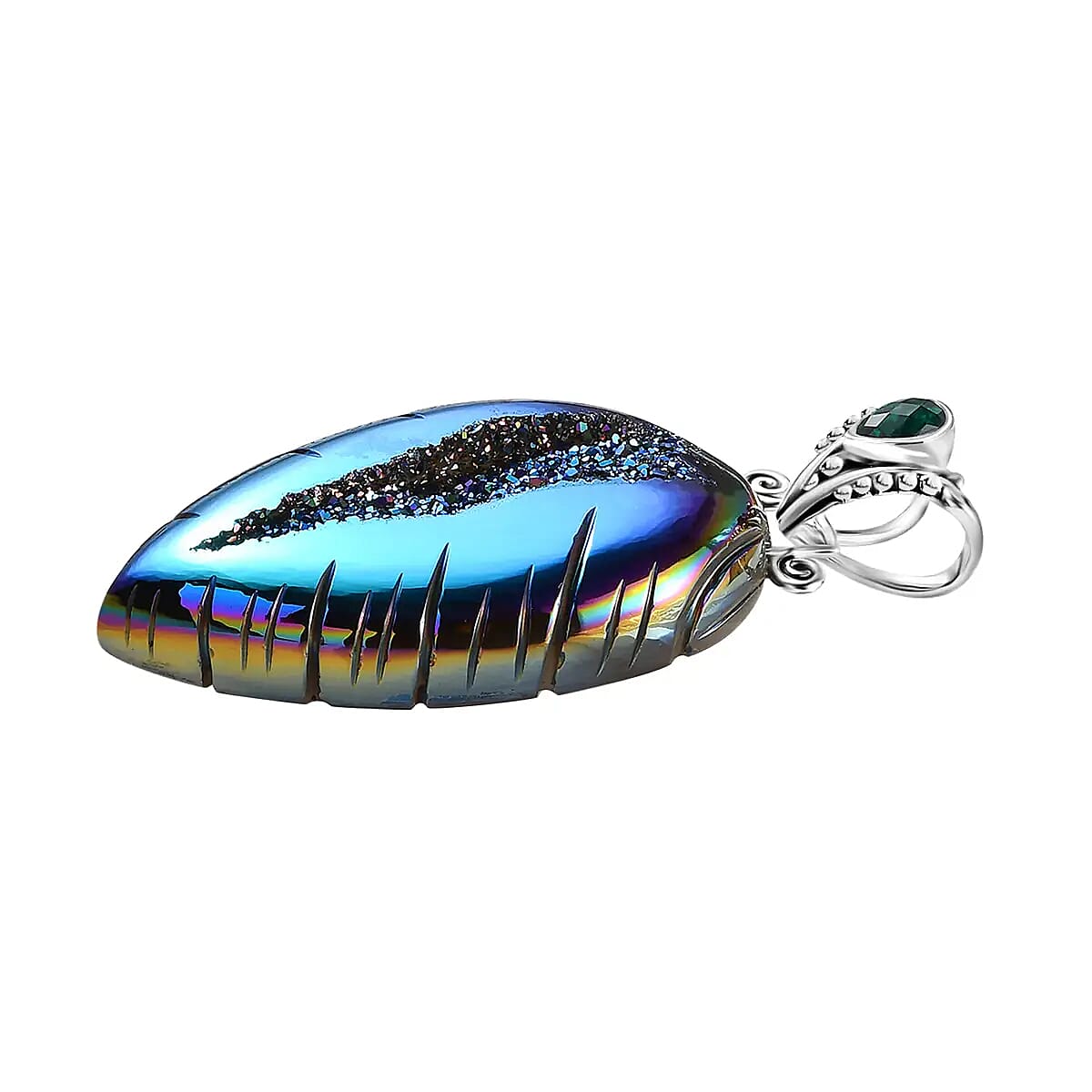 Sajen Silver Doublet Quartz Pendant, Sterling Silver Pendant, Celestial Pendant, Window Drusy Forest, Quartz Doublet Celestial Emerald Pendant 60.75 ctw image number 3