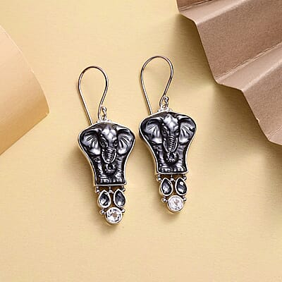 Sajen Silver Carved Hematite Elephant and Multi Gemstone Earrings in Platinum Over Sterling Silver 38.25 ctw