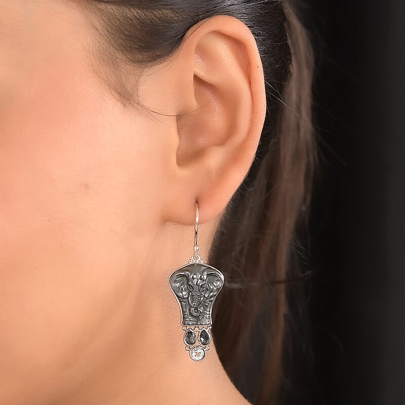 Sajen Silver Carved Hematite Elephant and Multi Gemstone Earrings in Platinum Over Sterling Silver 38.25 ctw