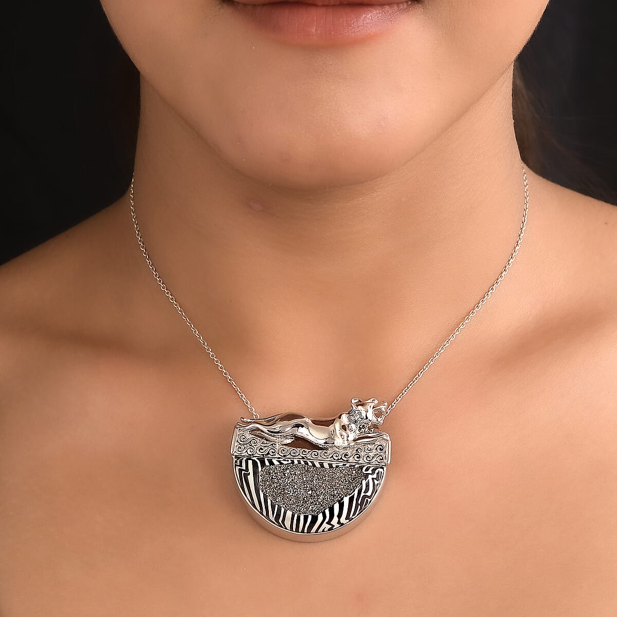 Sajen Silver Window Drusy Astral Zebra Black Diamond Pendant in Platinum Over Sterling Silver 48.00 ctw image number 2