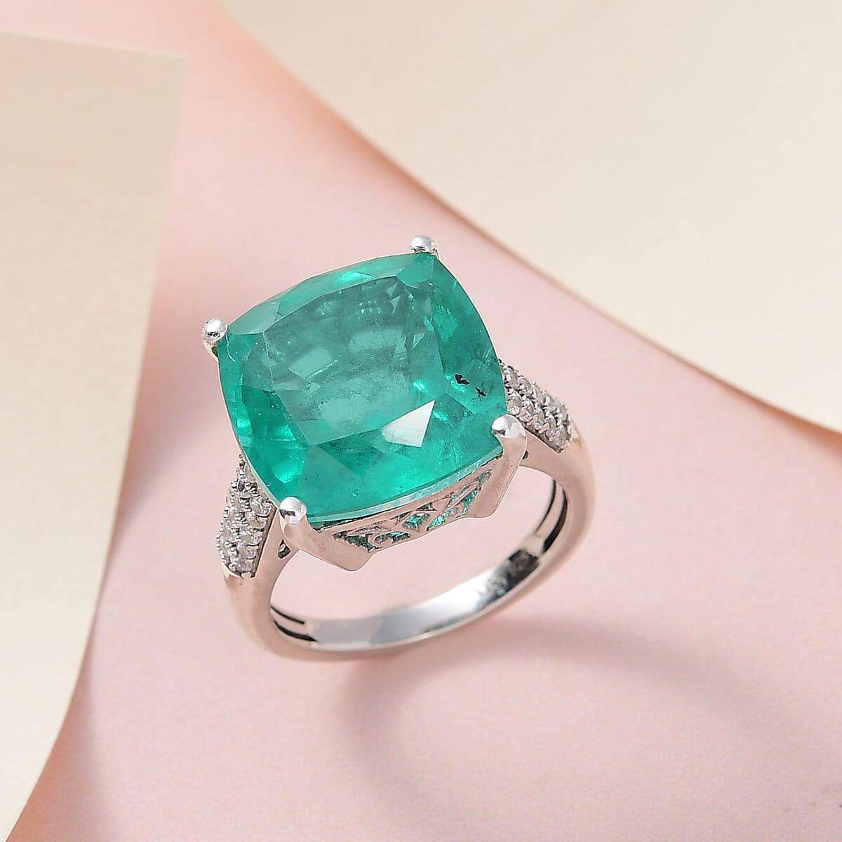 Emeraldine Quartz (Triplet) and Natural White Zircon Ring in Platinum Over Sterling Silver (Delivery in 7-10 Business Days) 11.50 ctw image number 1