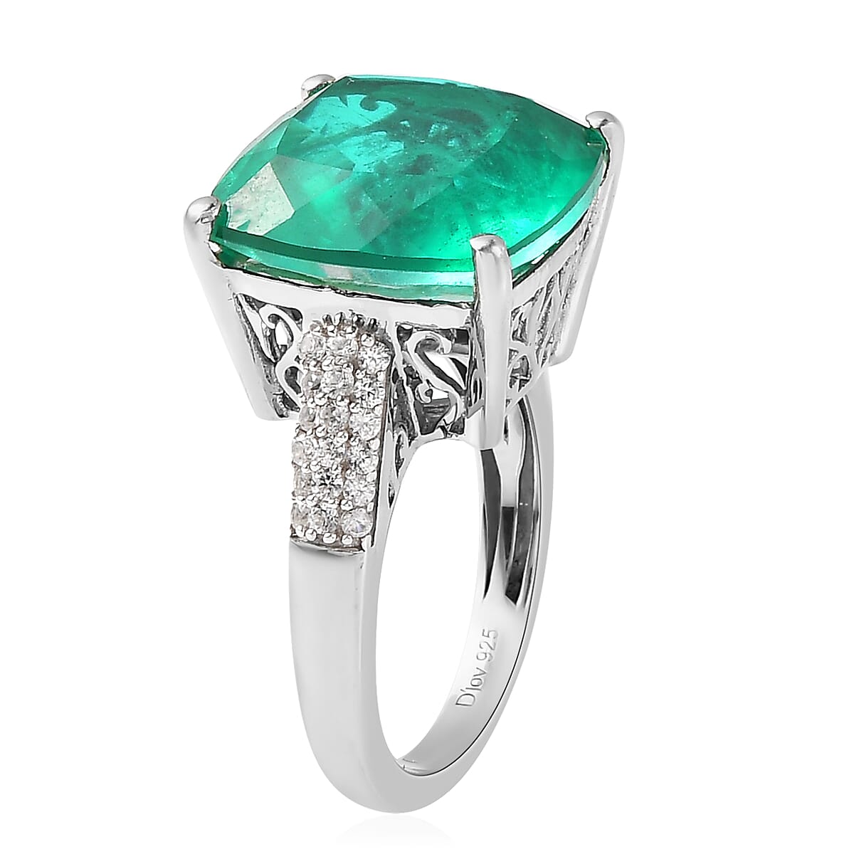 Emeraldine Quartz (Triplet) and Natural White Zircon Ring in Platinum Over Sterling Silver (Delivery in 7-10 Business Days) 11.50 ctw image number 3