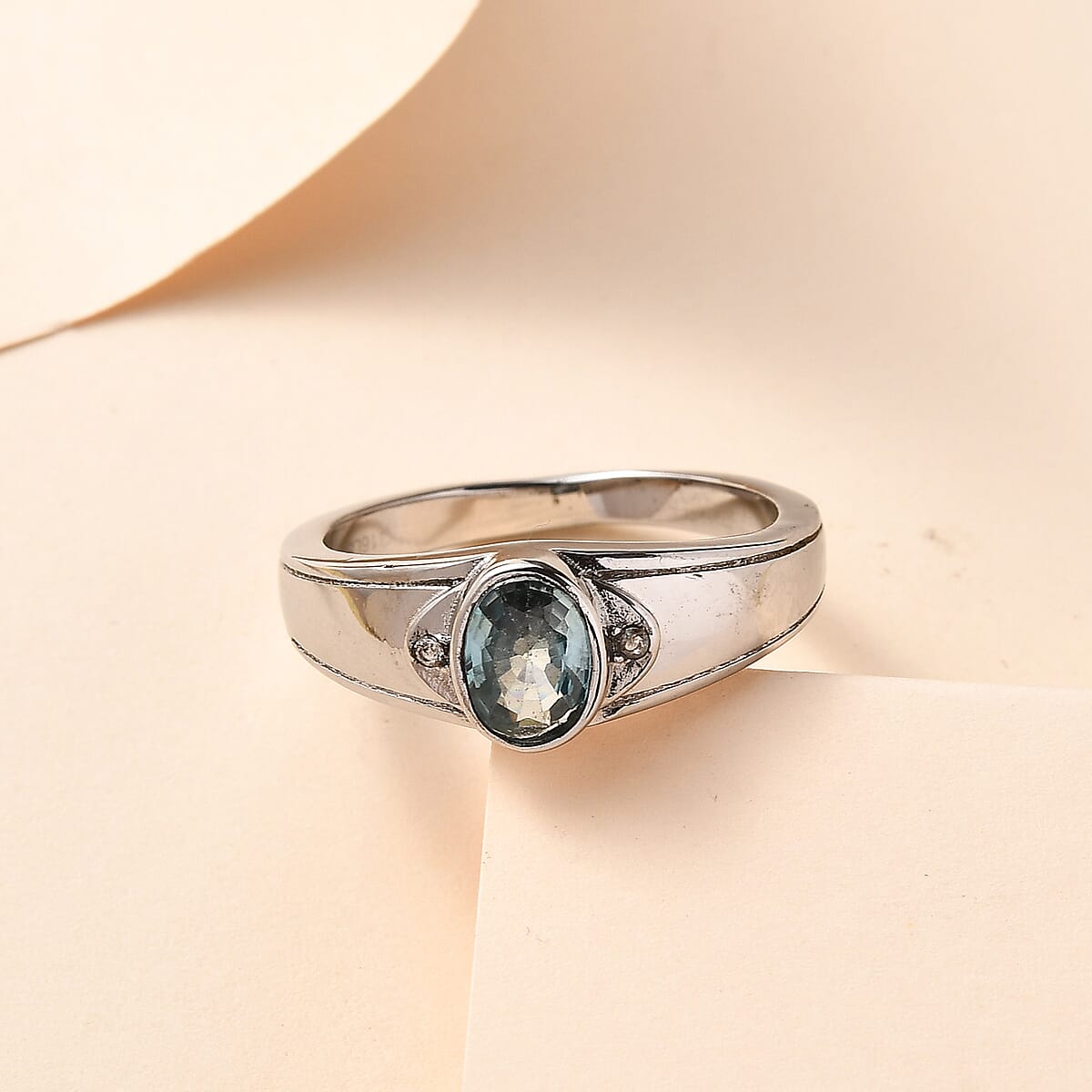 Cambodian Blue Zircon and Natural White Zircon Men's Ring in Stainless Steel 1.35 ctw image number 1