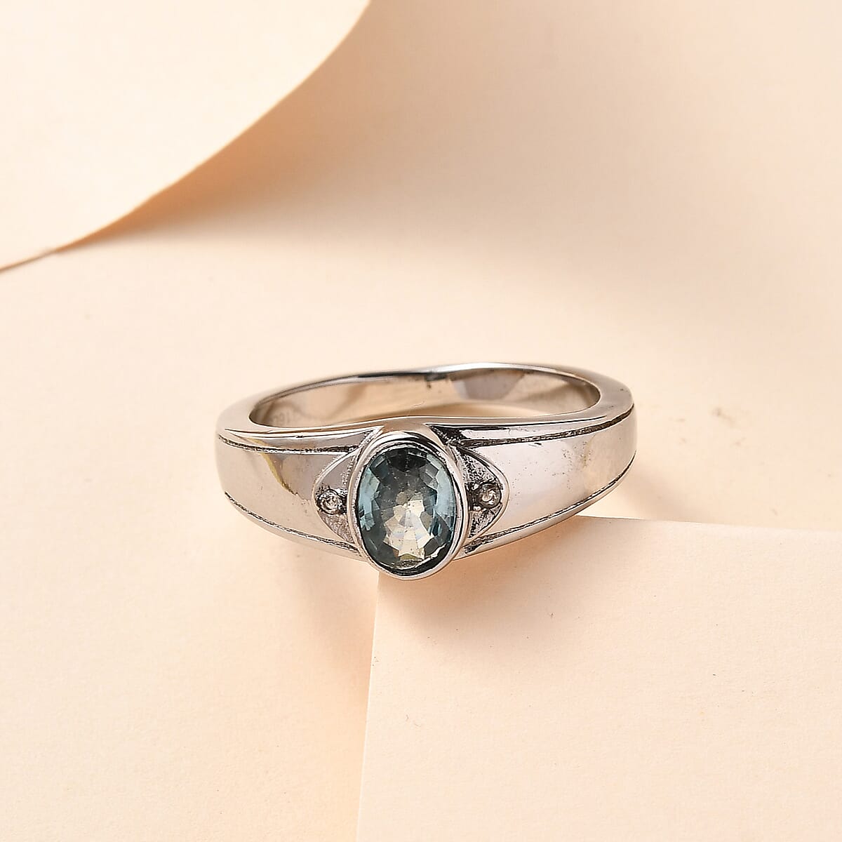 Cambodian Blue Zircon and White Zircon Men's Ring in Stainless Steel (Size 14.0) 1.35 ctw image number 1