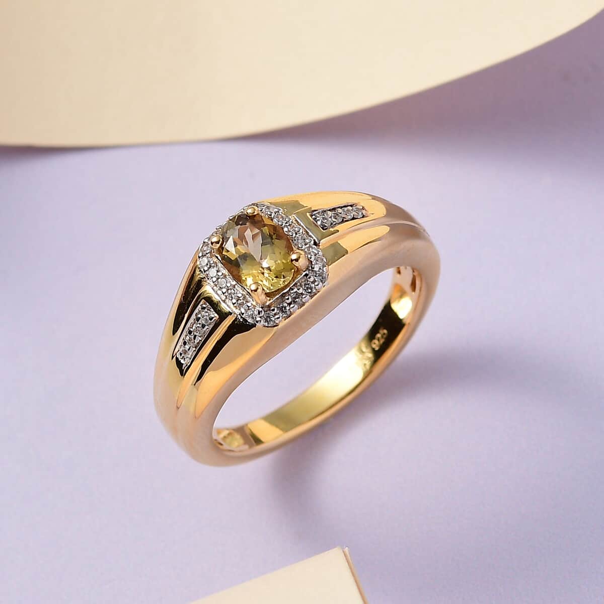 Premium Natural Golden Tanzanite and Natural White Zircon Men's Ring in Vermeil Yellow Gold Over Sterling Silver (Size 10.0) 1.00 ctw image number 1